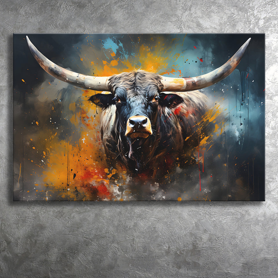 Longhorn Cow Colorfull Portrait Art Canvas Prints Wall Art Home Decor, Painting Canvas, Living Room Wall Decor