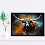 Longhorn Cow Colorfull Portrait Art Framed Art Prints Wall Decor, Painting Art, Framed Picture