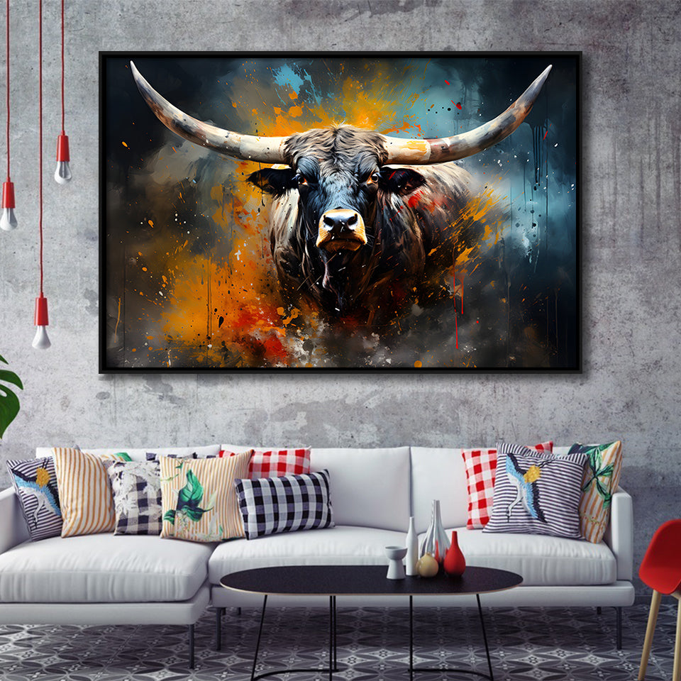 Longhorn Cow Colorfull Portrait Art Framed Canvas Prints Wall Art Home Decor, Painting Canvas, Floating Frame