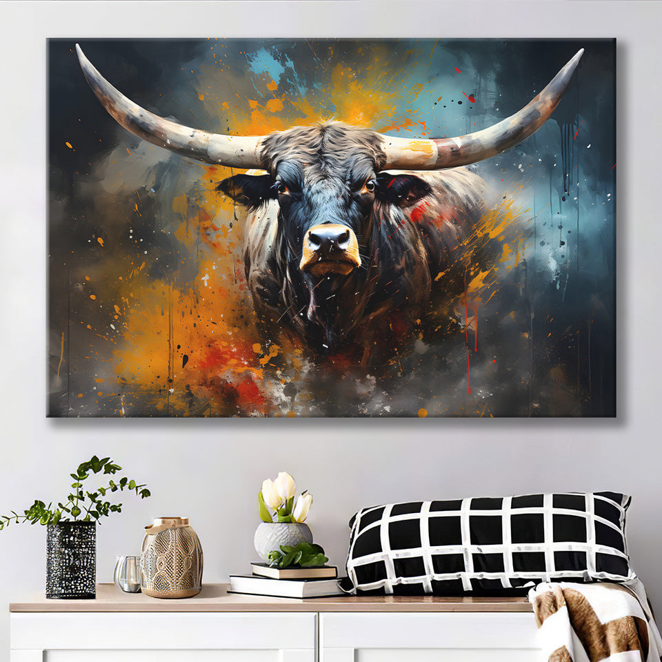 Longhorn Cow Colorfull Portrait Art Canvas Prints Wall Art Home Decor, Painting Canvas, Living Room Wall Decor