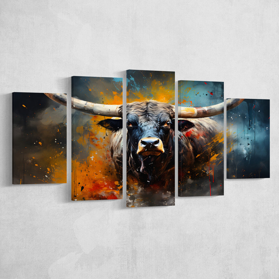 Longhorn Cow Colorfull Portrait Art 5 Panels Canvas Prints Wall Art Home Decor, Large Mixed Canvas
