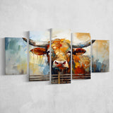 Longhorn Cow Oil Painting Art V1 5 Panels Canvas Prints Wall Art Home Decor, Large Mixed Canvas