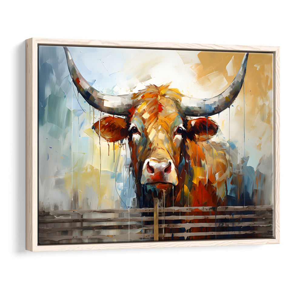 Longhorn Cow Oil Painting Art V1 Framed Canvas Prints Wall Art Home Decor, Painting Canvas, Floating Frame