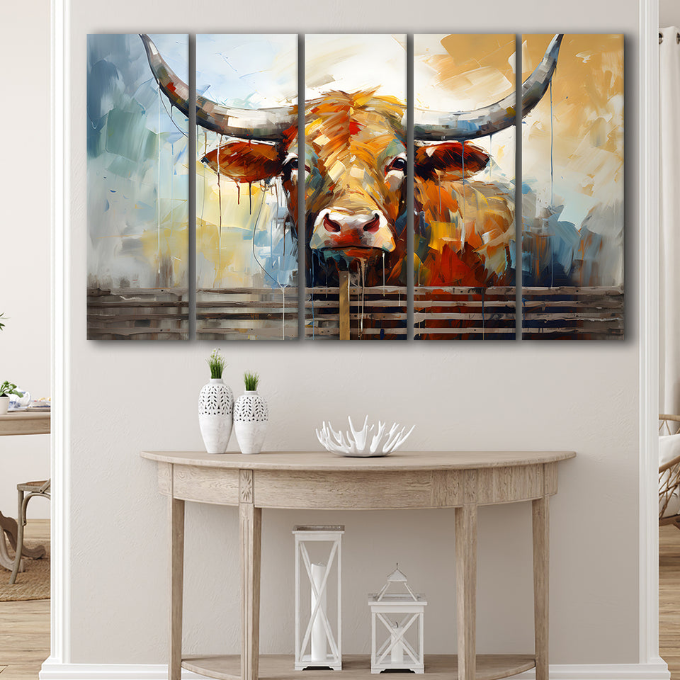 Longhorn Cow Oil Painting Art V1 5 Panels B Canvas Prints Wall Art Home Decor, Extra Large Canvas