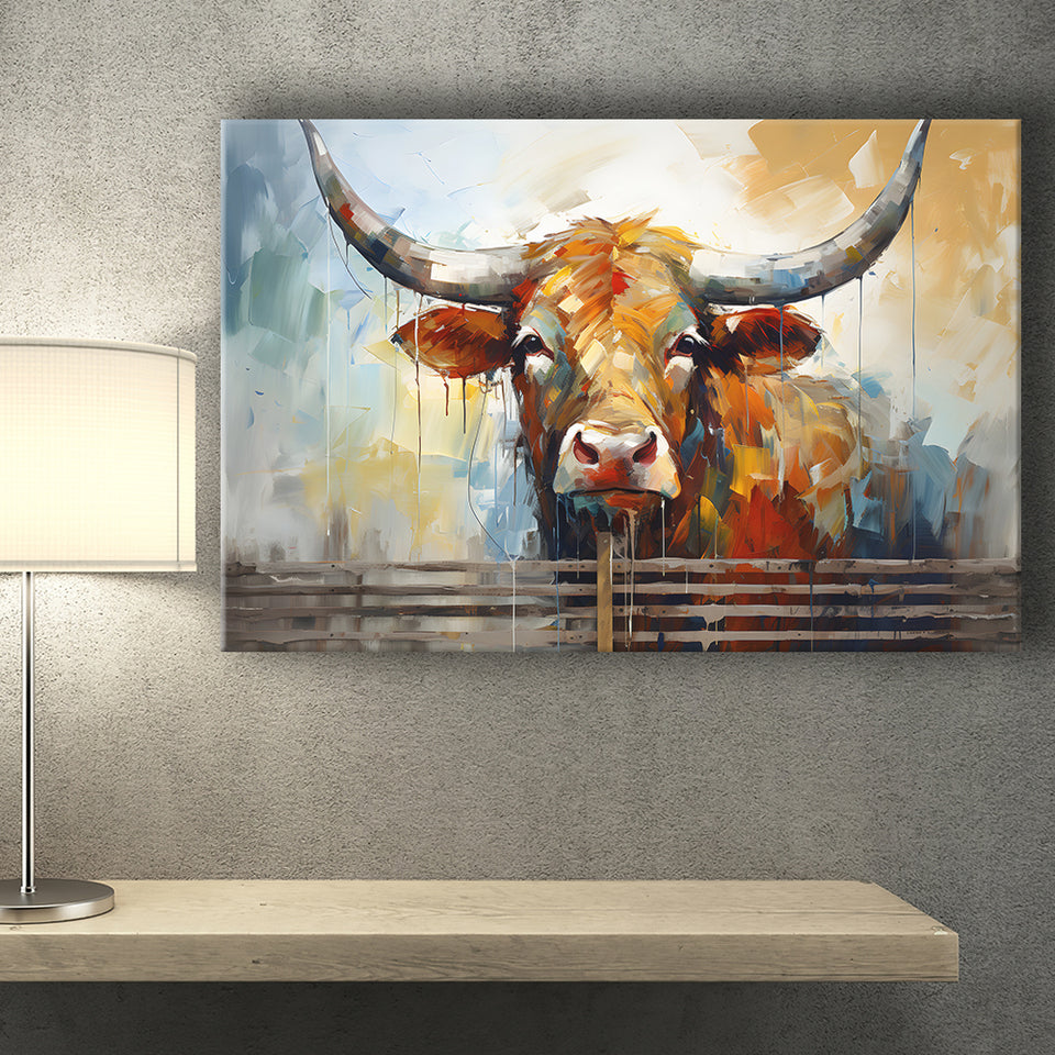 Longhorn Cow Oil Painting Art V1 Canvas Prints Wall Art Home Decor, Painting Canvas, Living Room Wall Decor