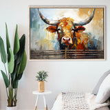 Longhorn Cow Oil Painting Art V1 Framed Canvas Prints Wall Art Home Decor, Painting Canvas, Floating Frame