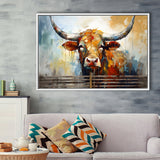 Longhorn Cow Oil Painting Art V1 Framed Canvas Prints Wall Art Home Decor, Painting Canvas, Floating Frame