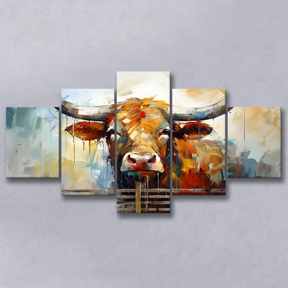 Longhorn Cow Oil Painting Art V1 5 Panels Canvas Prints Wall Art Home Decor, Large Mixed Canvas