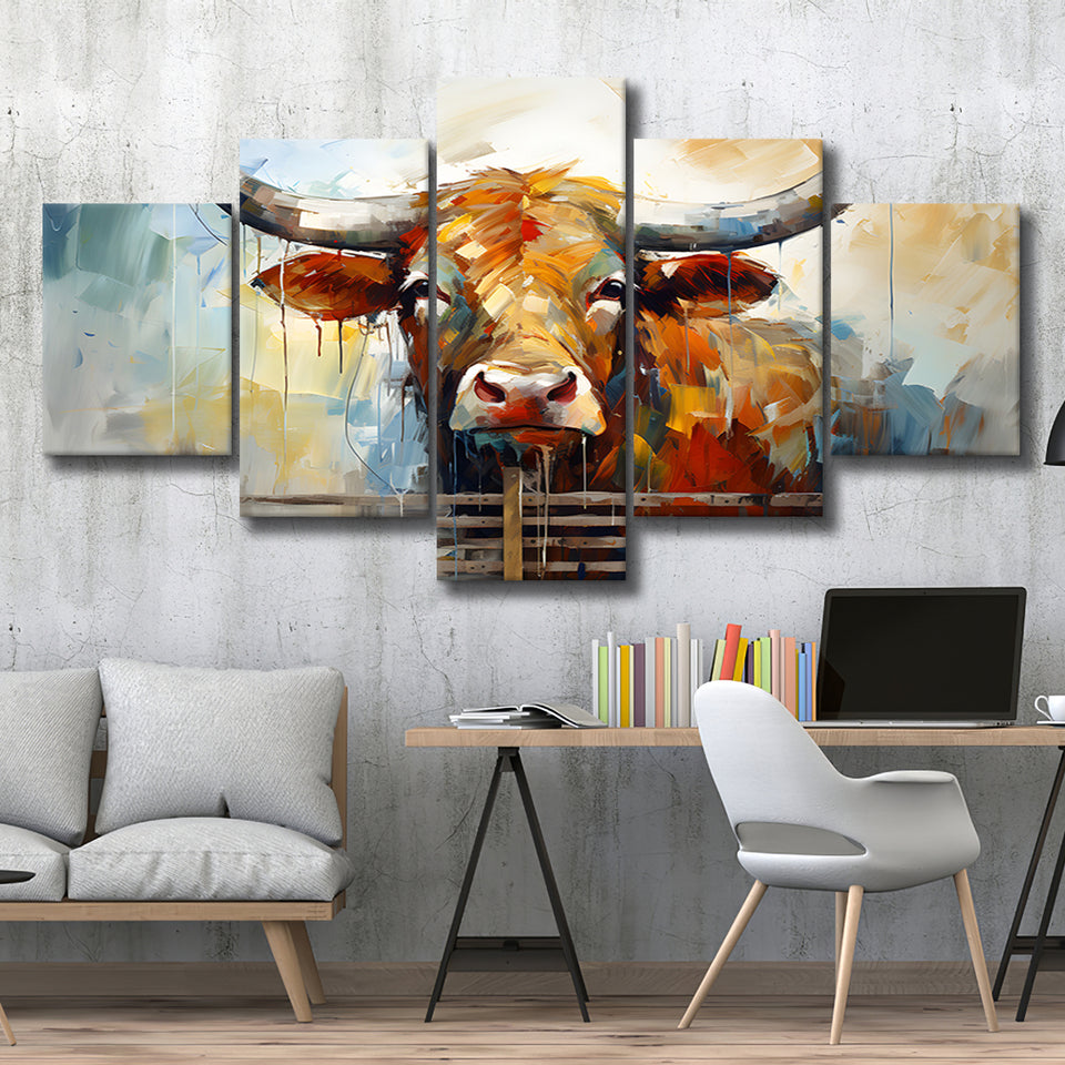 Longhorn Cow Oil Painting Art V1 5 Panels Canvas Prints Wall Art Home Decor, Large Mixed Canvas