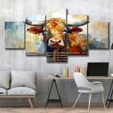 Longhorn Cow Oil Painting Art V1 5 Panels Canvas Prints Wall Art Home Decor, Large Mixed Canvas