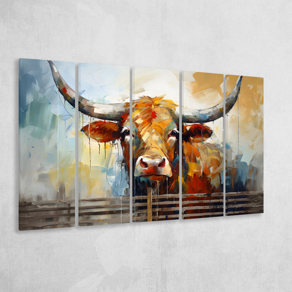 Longhorn Cow Oil Painting Art V1 5 Panels B Canvas Prints Wall Art Home Decor, Extra Large Canvas