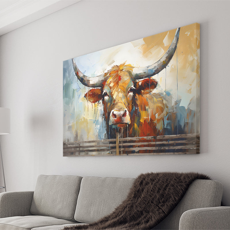 Longhorn Cow Oil Painting Art V1 Canvas Prints Wall Art Home Decor, Painting Canvas, Living Room Wall Decor