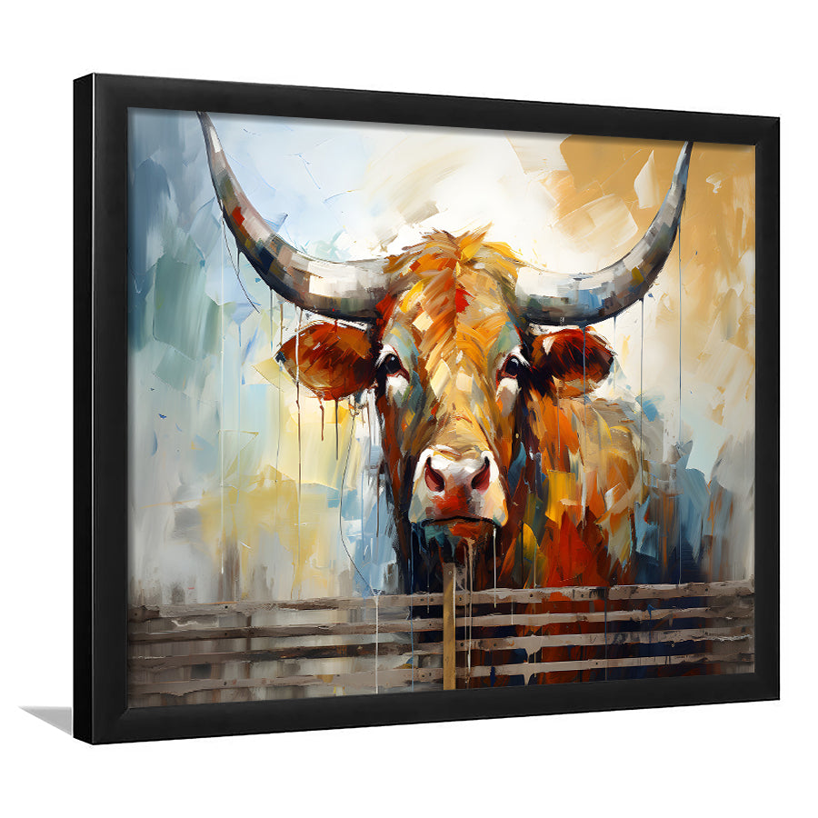Longhorn Cow Oil Painting Art V1 Framed Art Prints Wall Decor, Painting Art, Framed Picture
