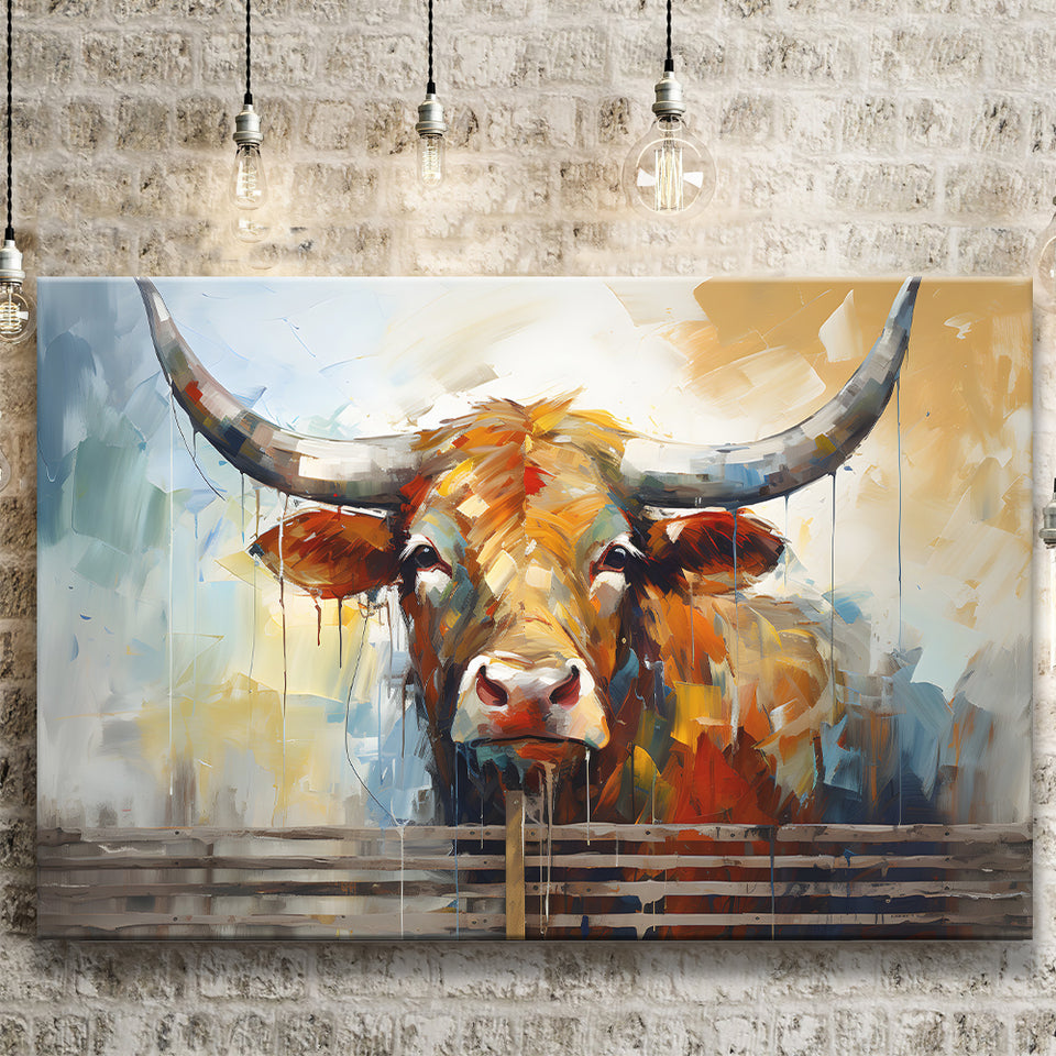 Longhorn Cow Oil Painting Art V1 Canvas Prints Wall Art Home Decor, Painting Canvas, Living Room Wall Decor