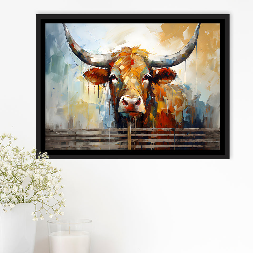 Longhorn Cow Oil Painting Art V1 Framed Canvas Prints Wall Art Home Decor, Painting Canvas, Floating Frame