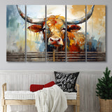 Longhorn Cow Oil Painting Art V1 5 Panels B Canvas Prints Wall Art Home Decor, Extra Large Canvas