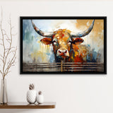 Longhorn Cow Oil Painting Art V1 Framed Canvas Prints Wall Art Home Decor, Painting Canvas, Floating Frame