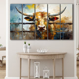Longhorn Cow Oil Painting Portrait 5 Panels B Canvas Prints Wall Art Home Decor, Extra Large Canvas