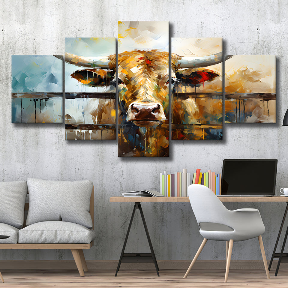 Longhorn Cow Oil Painting Portrait 5 Panels Canvas Prints Wall Art Home Decor, Large Mixed Canvas