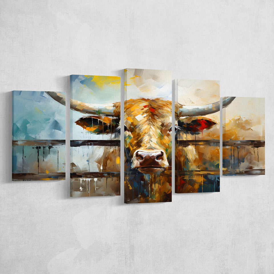 Longhorn Cow Oil Painting Portrait 5 Panels Canvas Prints Wall Art Home Decor, Large Mixed Canvas