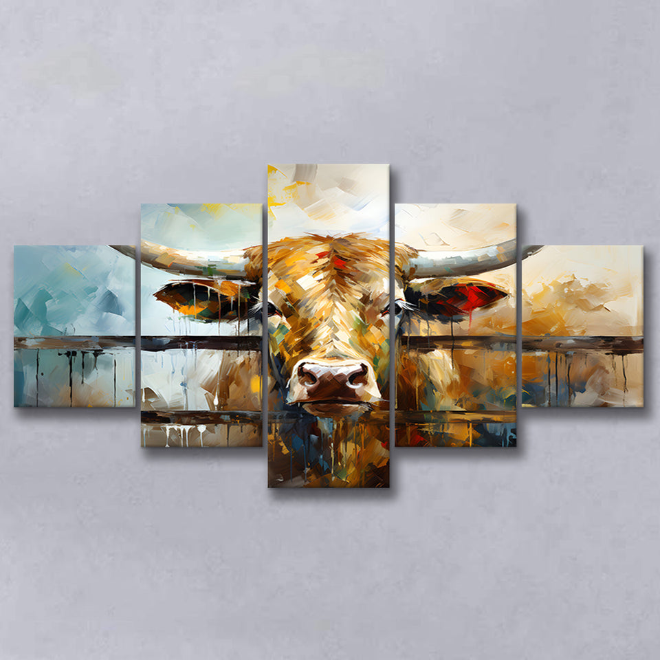 Longhorn Cow Oil Painting Portrait 5 Panels Canvas Prints Wall Art Home Decor, Large Mixed Canvas