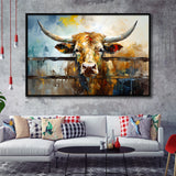 Longhorn Cow Oil Painting Portrait Framed Canvas Prints Wall Art Home Decor, Painting Canvas, Floating Frame