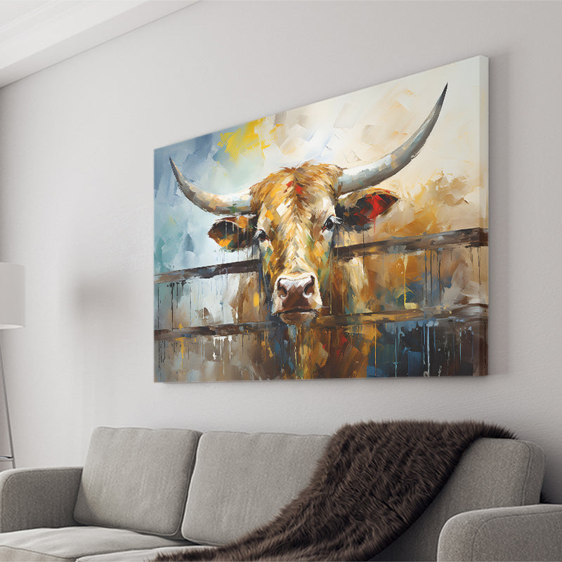 Longhorn Cow Oil Painting Portrait Canvas Prints Wall Art Home Decor, Painting Canvas, Living Room Wall Decor