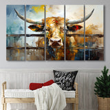 Longhorn Cow Oil Painting Portrait 5 Panels B Canvas Prints Wall Art Home Decor, Extra Large Canvas
