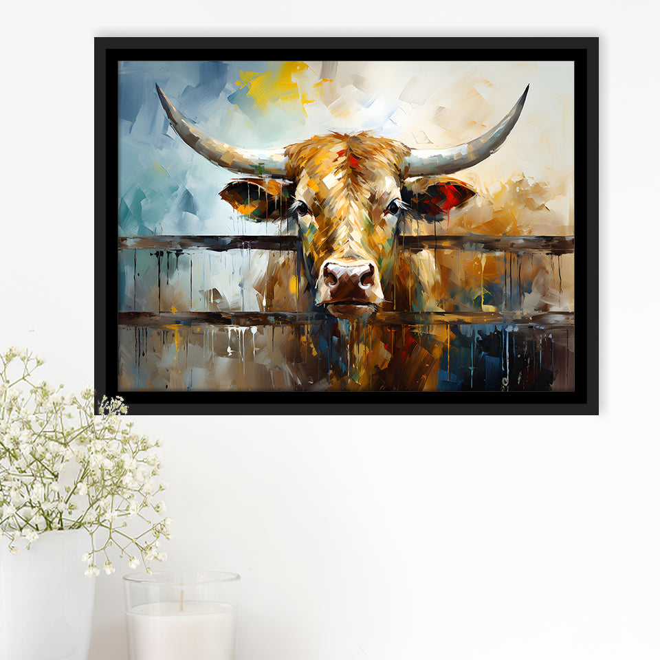Longhorn Cow Oil Painting Portrait Framed Canvas Prints Wall Art Home Decor, Painting Canvas, Floating Frame