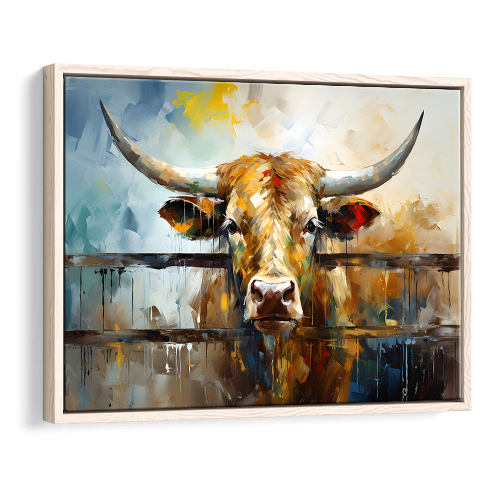 Longhorn Cow Oil Painting Portrait Framed Canvas Prints Wall Art Home Decor, Painting Canvas, Floating Frame