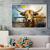 Longhorn Cow Oil Painting Portrait Framed Canvas Prints Wall Art Home Decor, Painting Canvas, Floating Frame