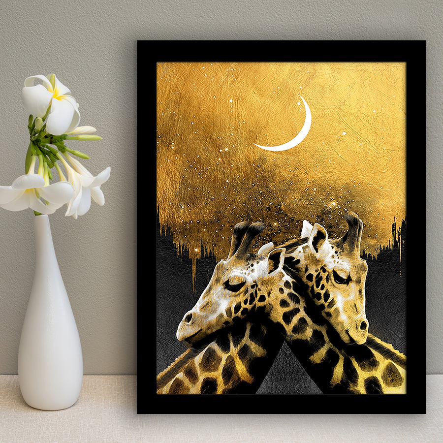 Lovely Couple Giraffe At Night Galaxy Sky Moon Golden, Framed Art Prints Wall Art Home Decor, Ready to Hang