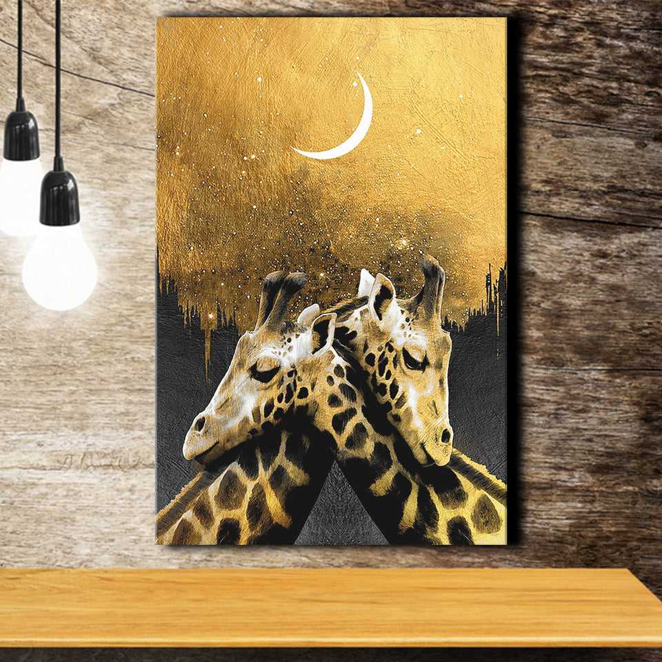 Lovely Couple Giraffe At Night Galaxy Sky Moon Golden, Canvas Prints Wall Art Home Decor, Ready to Hang