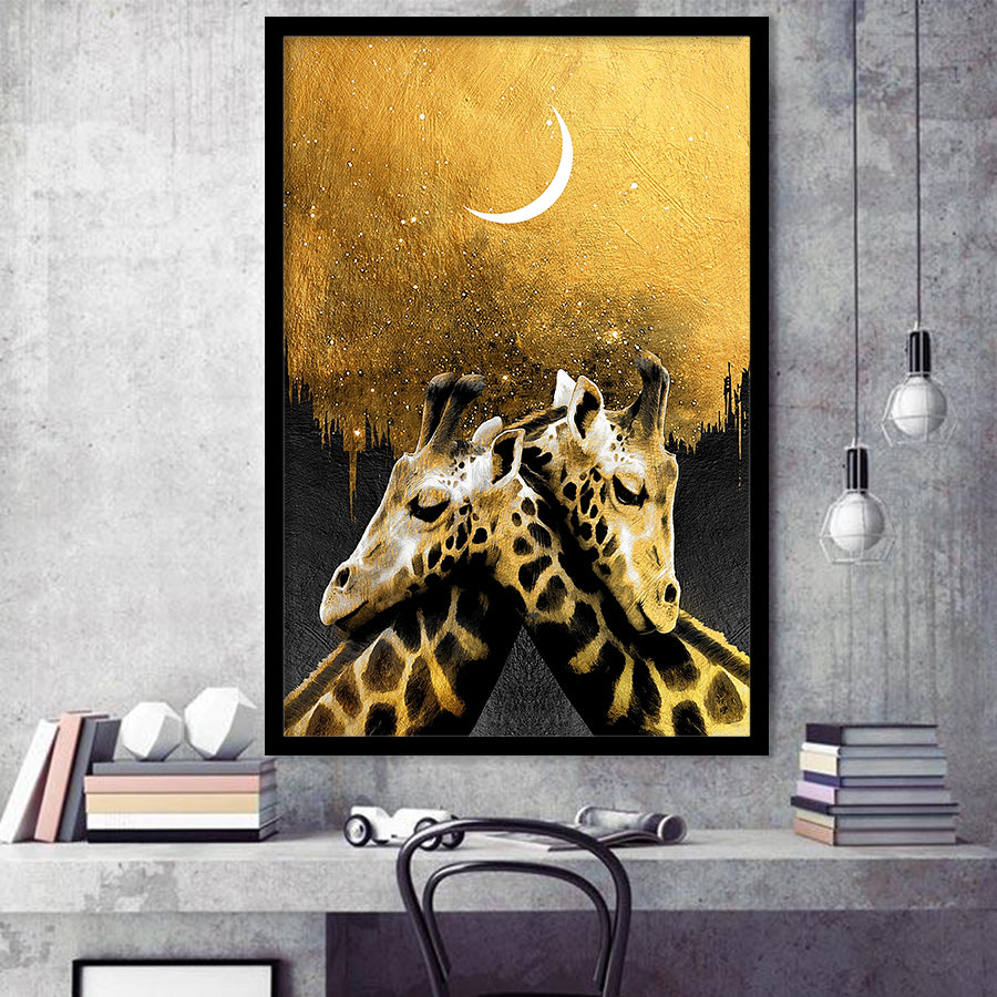 Lovely Couple Giraffe At Night Galaxy Sky Moon Golden, Framed Art Prints Wall Art Home Decor, Ready to Hang