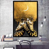 Lovely Couple Giraffe At Night Galaxy Sky Moon Golden, Framed Art Prints Wall Art Home Decor, Ready to Hang