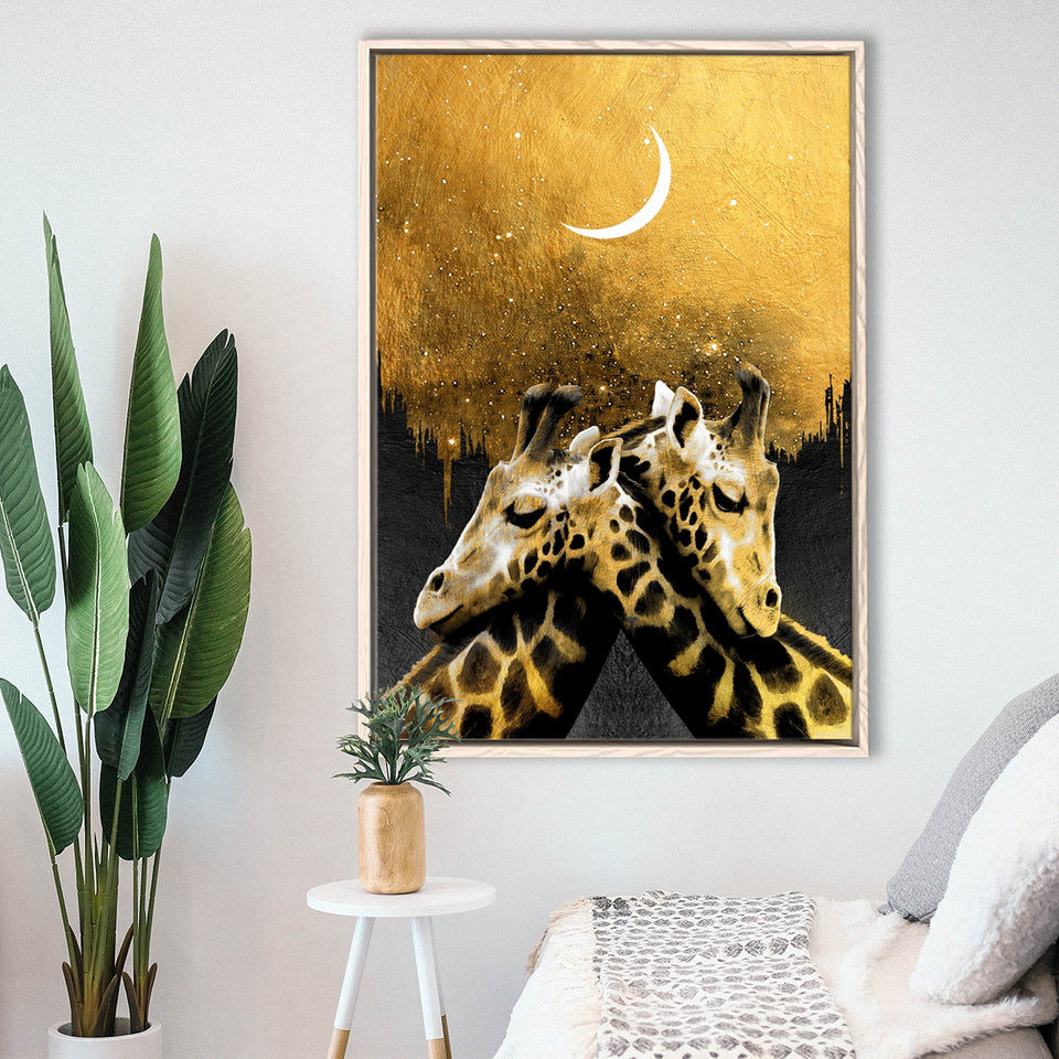 Lovely Couple Giraffe At Night Galaxy Sky Moon Golden, Framed Canvas Prints Wall Art Home Decor,Floating Frame, Ready to Hang