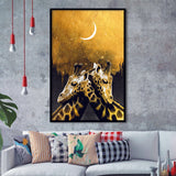 Lovely Couple Giraffe At Night Galaxy Sky Moon Golden, Framed Art Prints Wall Art Home Decor, Ready to Hang