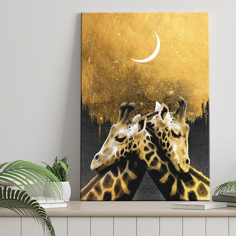 Lovely Couple Giraffe At Night Galaxy Sky Moon Golden, Canvas Prints Wall Art Home Decor, Ready to Hang