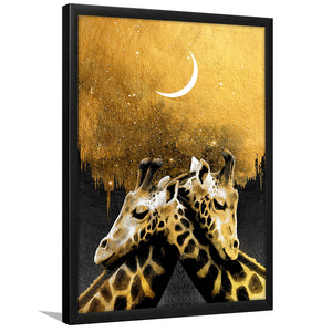 Lovely Couple Giraffe At Night Galaxy Sky Moon Golden, Framed Art Prints Wall Art Home Decor, Ready to Hang