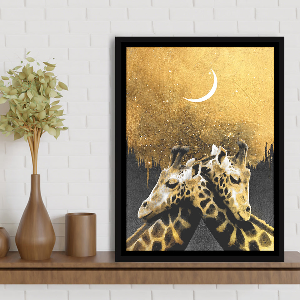 Lovely Couple Giraffe At Night Galaxy Sky Moon Golden, Framed Canvas Prints Wall Art Home Decor,Floating Frame, Ready to Hang