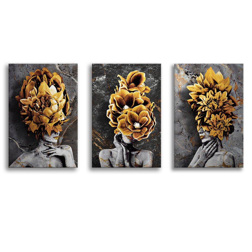 Abstract Modern Painting Of 3 Girl Figure With Flower Bouquet On Head Set of 3 Piece Canvas Prints Wall Art Decor