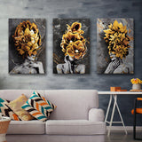Abstract Modern Painting Of 3 Girl Figure With Flower Bouquet On Head Set of 3 Piece Canvas Prints Wall Art Decor