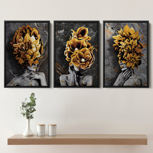 Abstract Modern Painting Of 3 Girl Figure With Flower Bouquet On Head Set of 3 Piece Framed Canvas Prints Wall Art Decor