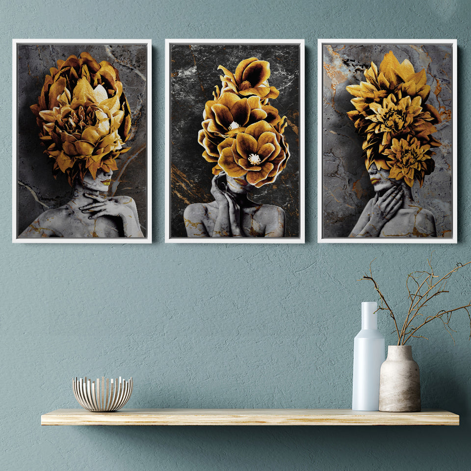Abstract Modern Painting Of 3 Girl Figure With Flower Bouquet On Head Set of 3 Piece Framed Canvas Prints Wall Art Decor