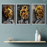 Abstract Modern Painting Of 3 Girl Figure With Flower Bouquet On Head Set of 3 Piece Framed Canvas Prints Wall Art Decor