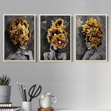 Abstract Modern Painting Of 3 Girl Figure With Flower Bouquet On Head Set of 3 Piece Framed Canvas Prints Wall Art Decor