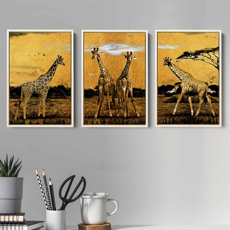 Luxury Golden Modern Painting Giraffe In Forest Set of 3 Piece Framed Canvas Prints Wall Art Decor