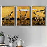 Luxury Golden Modern Painting Giraffe In Forest Set of 3 Piece Framed Canvas Prints Wall Art Decor