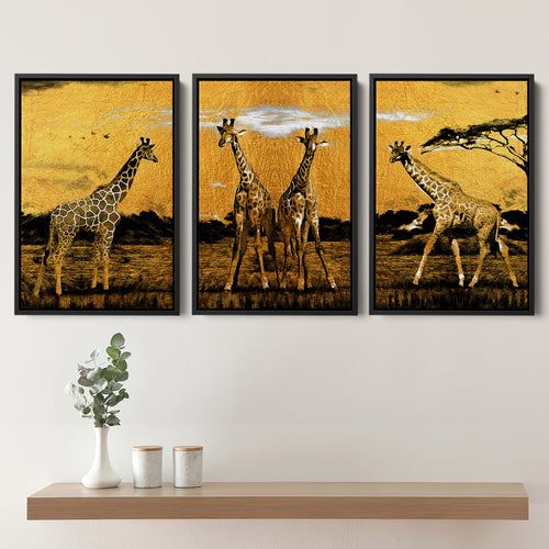 Luxury Golden Modern Painting Giraffe In Forest Set of 3 Piece Framed Canvas Prints Wall Art Decor