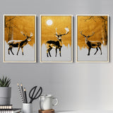 Luxury Golden Modern Painting Of 3 Deer In Forest Set of 3 Piece Framed Canvas Prints Wall Art Decor